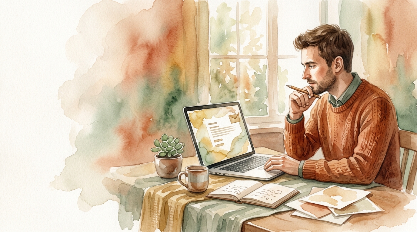 Man reviewing a laptop screen displaying a guest posting outreach email draft