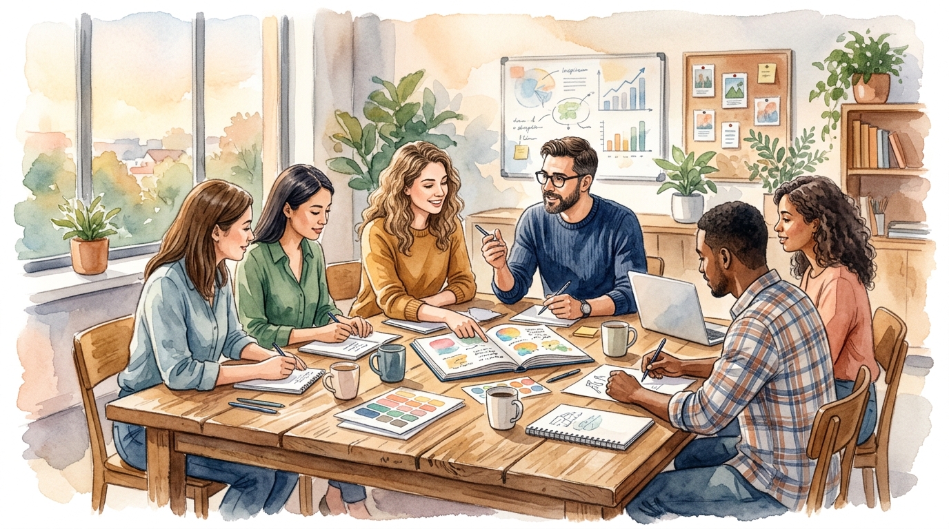 Marketing team collaborating around a conference table with laptops open displaying AI writing tools