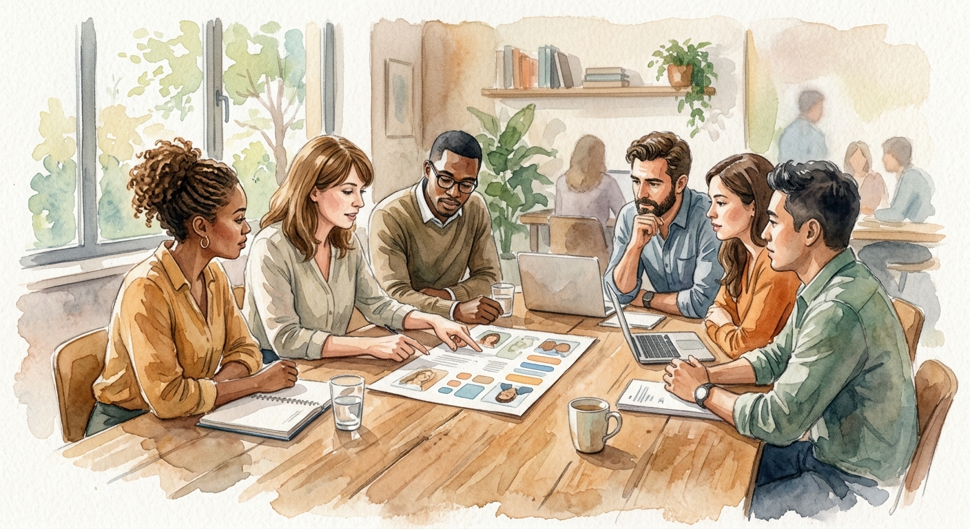 Team gathered around a conference table reviewing LinkedIn post analytics on a large screen