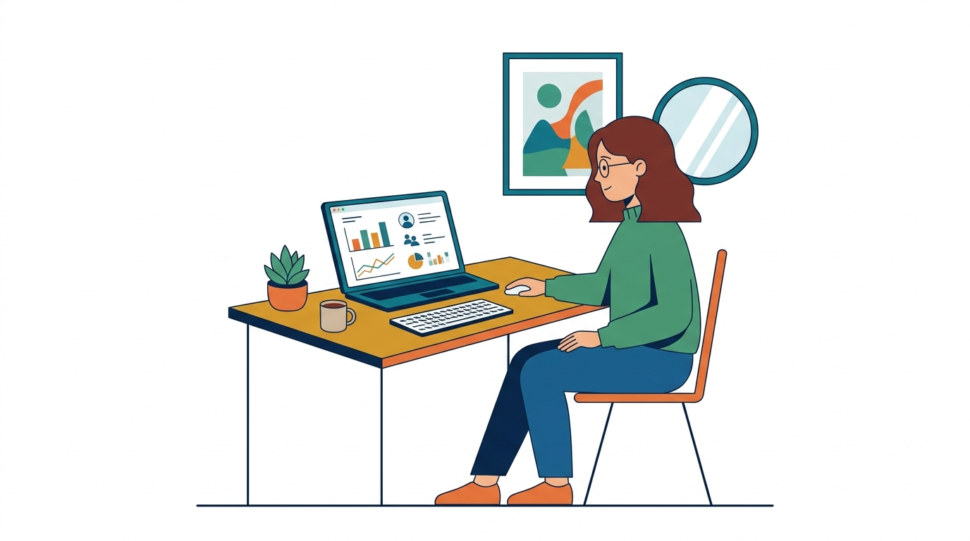 Person at a desk, laptop open to a LinkedIn profile analytics dashboard