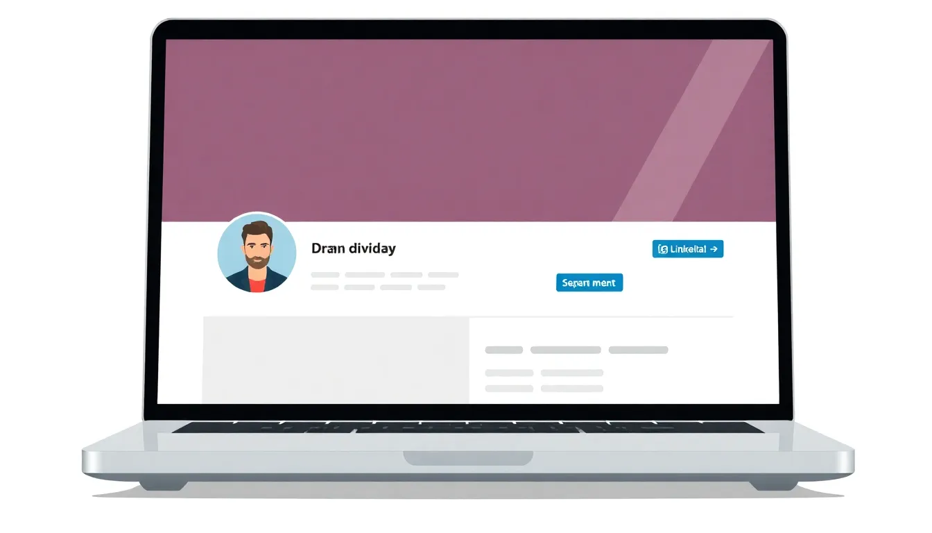 Close-up of a laptop displaying a polished LinkedIn profile with a professional headshot