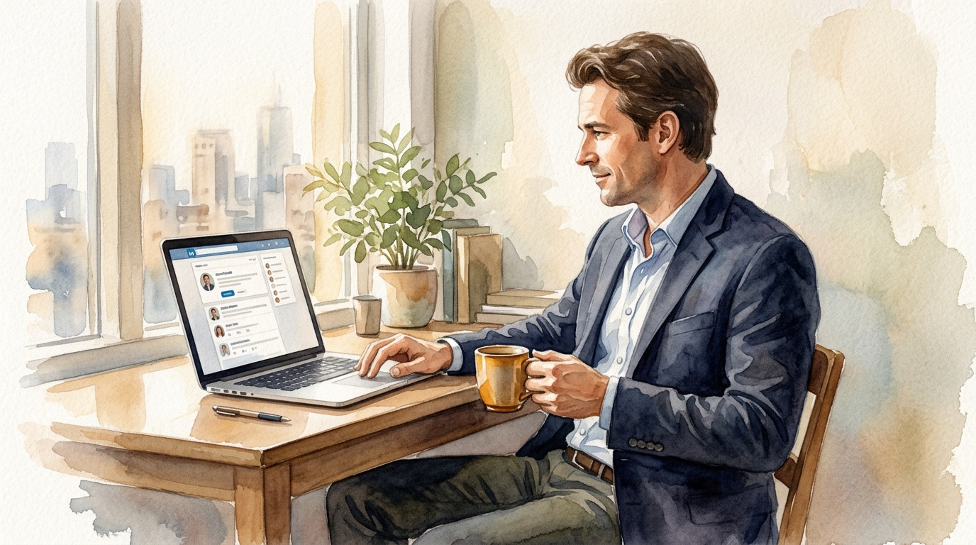 Man in business attire glancing at LinkedIn feed on laptop, bright screen highlights a viral post