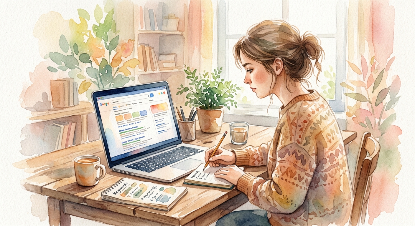 Person analyzing Google SERP on laptop with notepad of keyword ideas