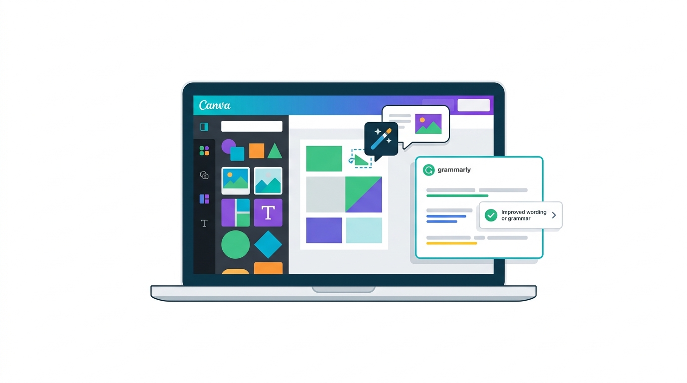 Laptop showing Canva AI interface and a Grammarly correction popup