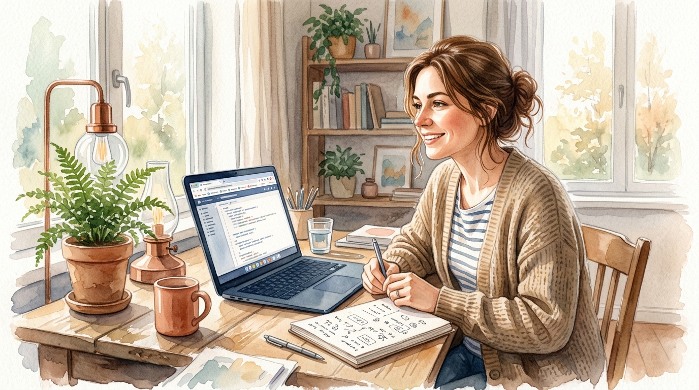 Freelancer with multiple browser tabs and a notepad, looking stressed