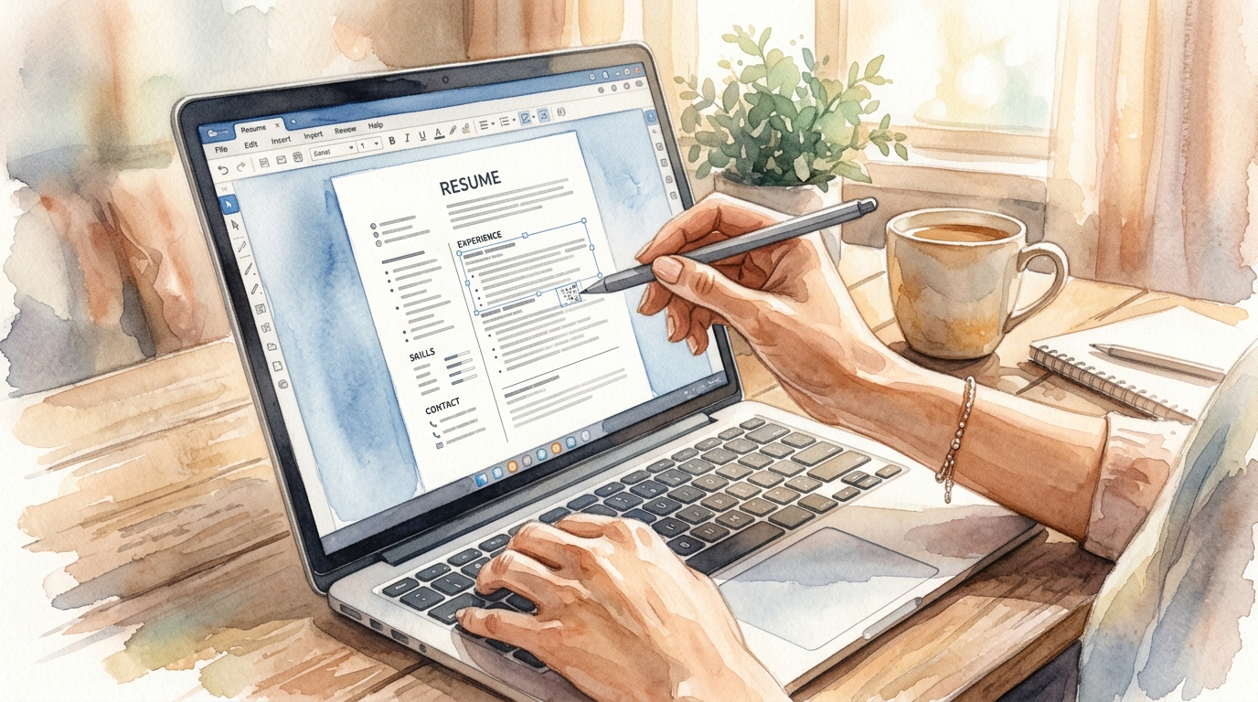 Close-up of hands editing a digital resume on a laptop screen