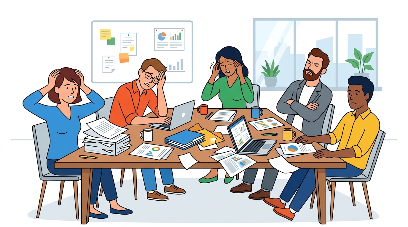 Frustrated marketing team in a meeting with scattered papers and laptops