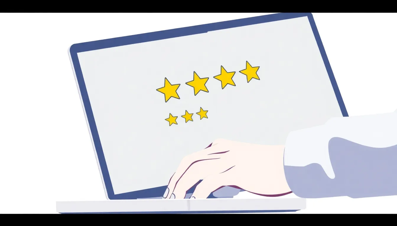 Close-up of person reading user review ratings on a laptop screen